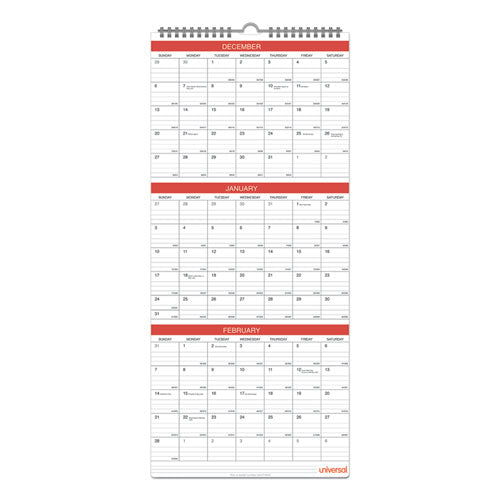 Three-month Wall Calendar, 12 X 27, White/black/red Sheets, 14-month, Dec 2023 To Jan 2025