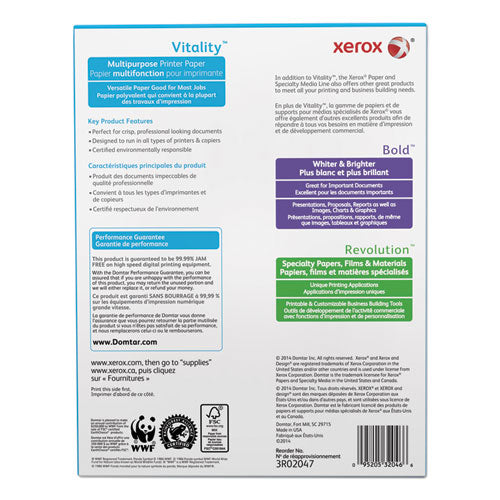 Vitality Multipurpose Print Paper, 92 Bright, 20 Lb Bond Weight, 8.5 X 11, White, 500/ream