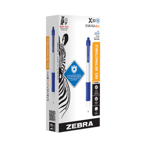 Sarasa Dry X20+ Gel Pen, Retractable, Fine 0.7 Mm, Blue Ink, White Barrel, Dozen