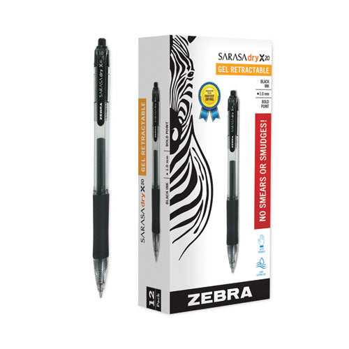 Sarasa Dry Gel X20 Gel Pen, Retractable, Bold 1 Mm, Black Ink, Smoke Barrel, 12/pack