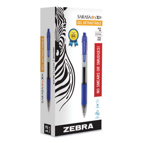 Sarasa Dry Gel X20 Gel Pen, Retractable, Bold 1 Mm, Blue Ink, Translucent Blue Barrel, 12/pack