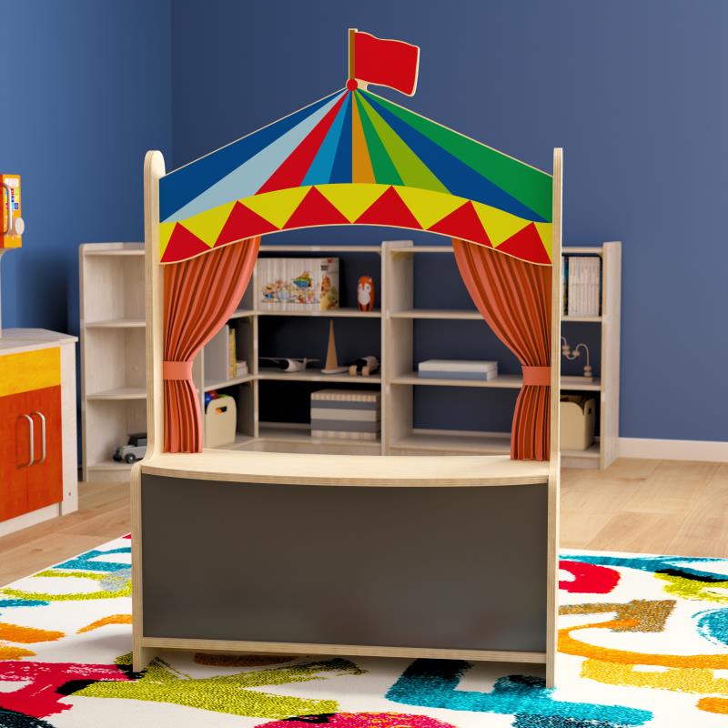 Wooden Puppet Theater with Removable Curtains and Bottom Magnetic Chalkboard