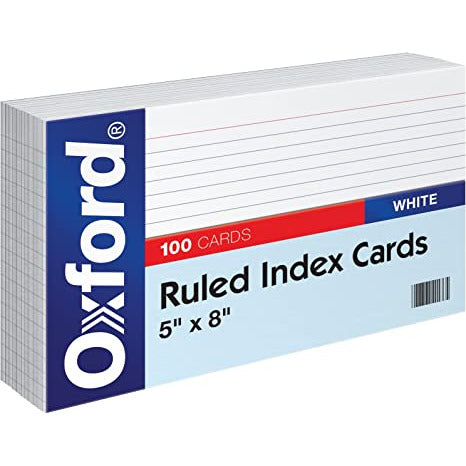 Ruled White Index Cards - 8" Width x 5" Length - 100 / Pack