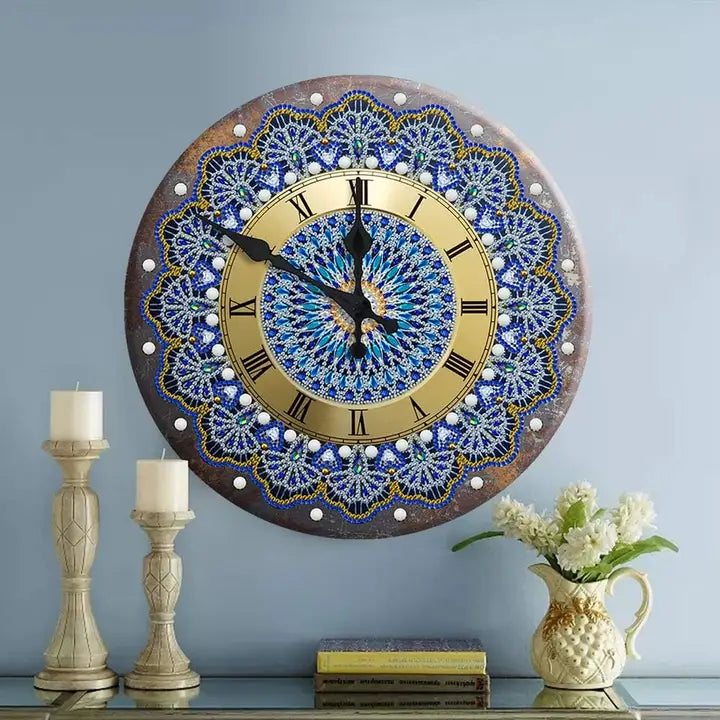 Blue Mandala Diy Diamond Art Metal Clock