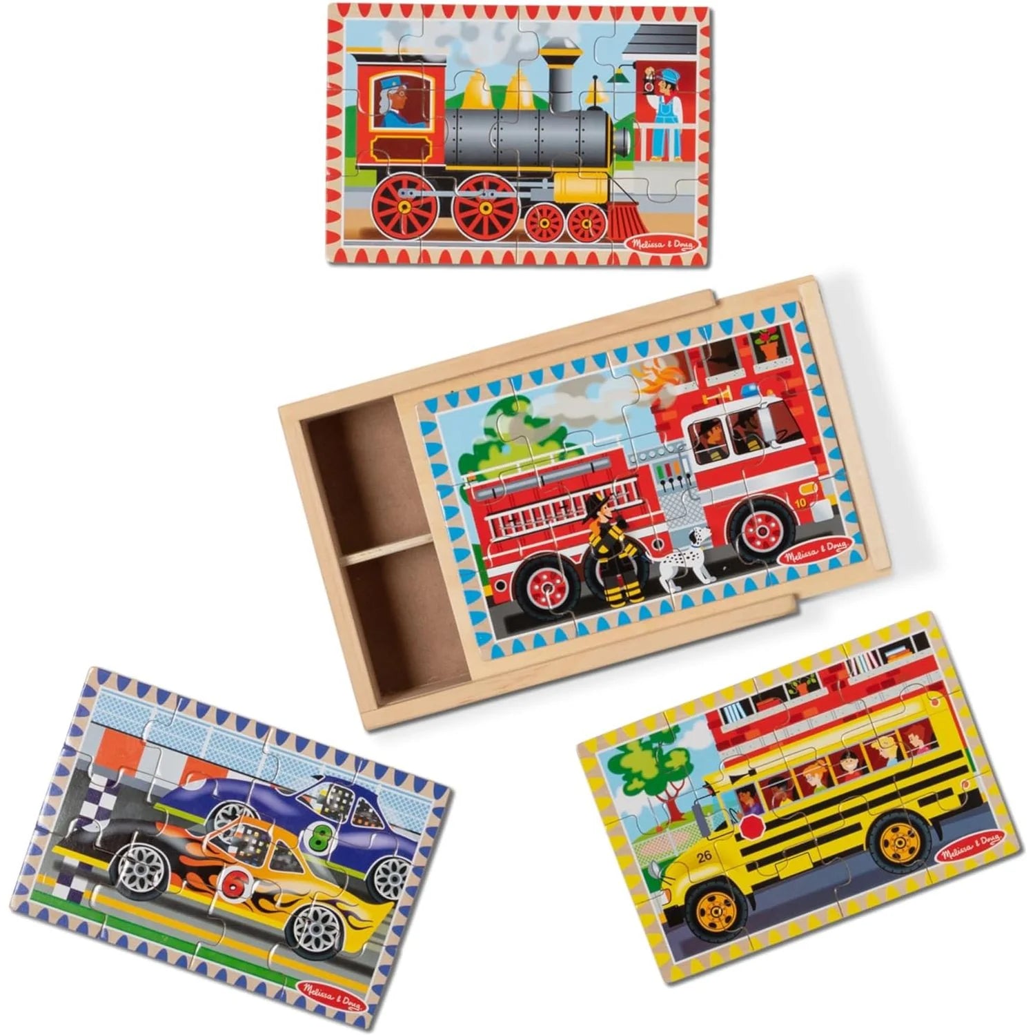 Melissa & Doug Vehicles 4-in-1 Wooden Jigsaw Puzzles in a Storage Box - 48pc