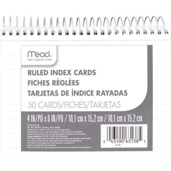 Wirebound Ruled Index Cards, White, 4" x 6"