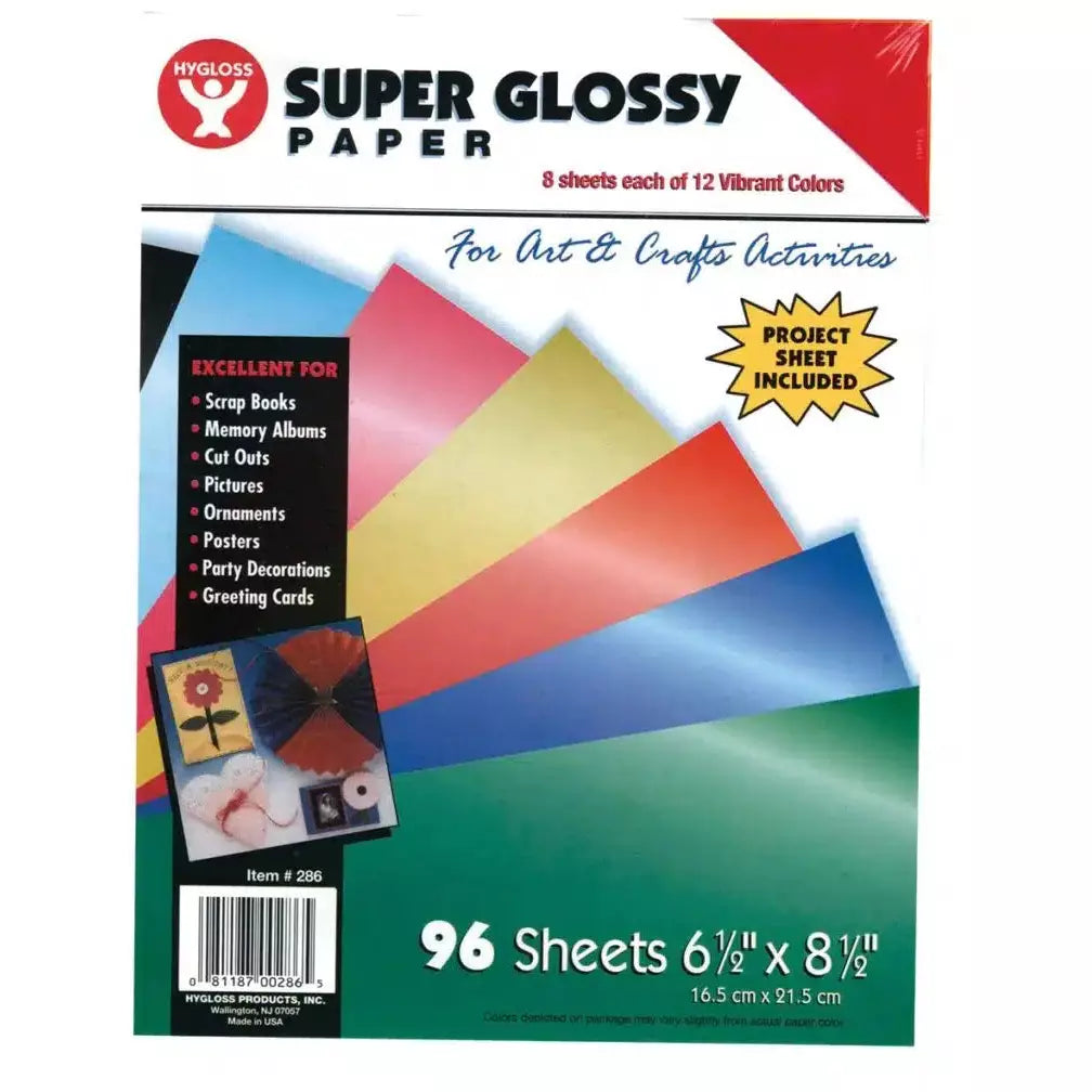 Super Glossy Paper - 96 Sheets 6.5" x 8.5" 8 Ea. of 12 Colors - A1 School Supplies