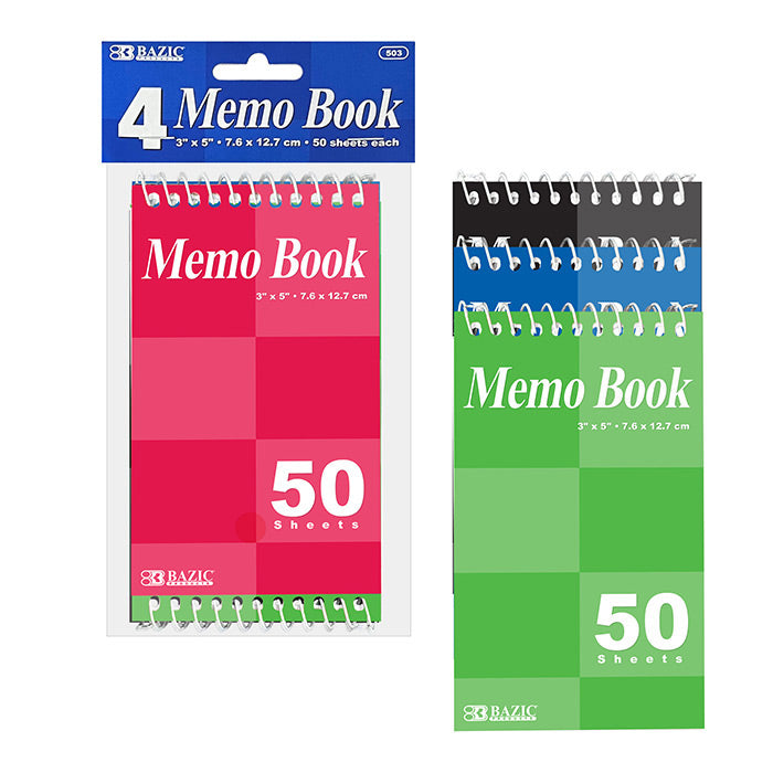 BAZIC 50 Ct. 3" X 5" Top Bound Spiral Memo Books (4/Pack) A1 School