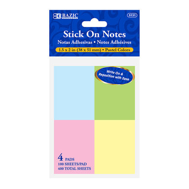 BAZIC 100 Ct. 1.5" x 2" Stick On Notes (4/Pack) - A1 School Supplies