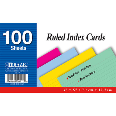 BAZIC 100 Ct. 3" X 5" Ruled White Index Card - A1 School Supplies