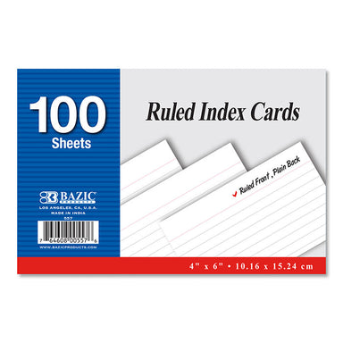 Ruled White Index Card 100 Ct. 4" X 6" - A1 School Supplies