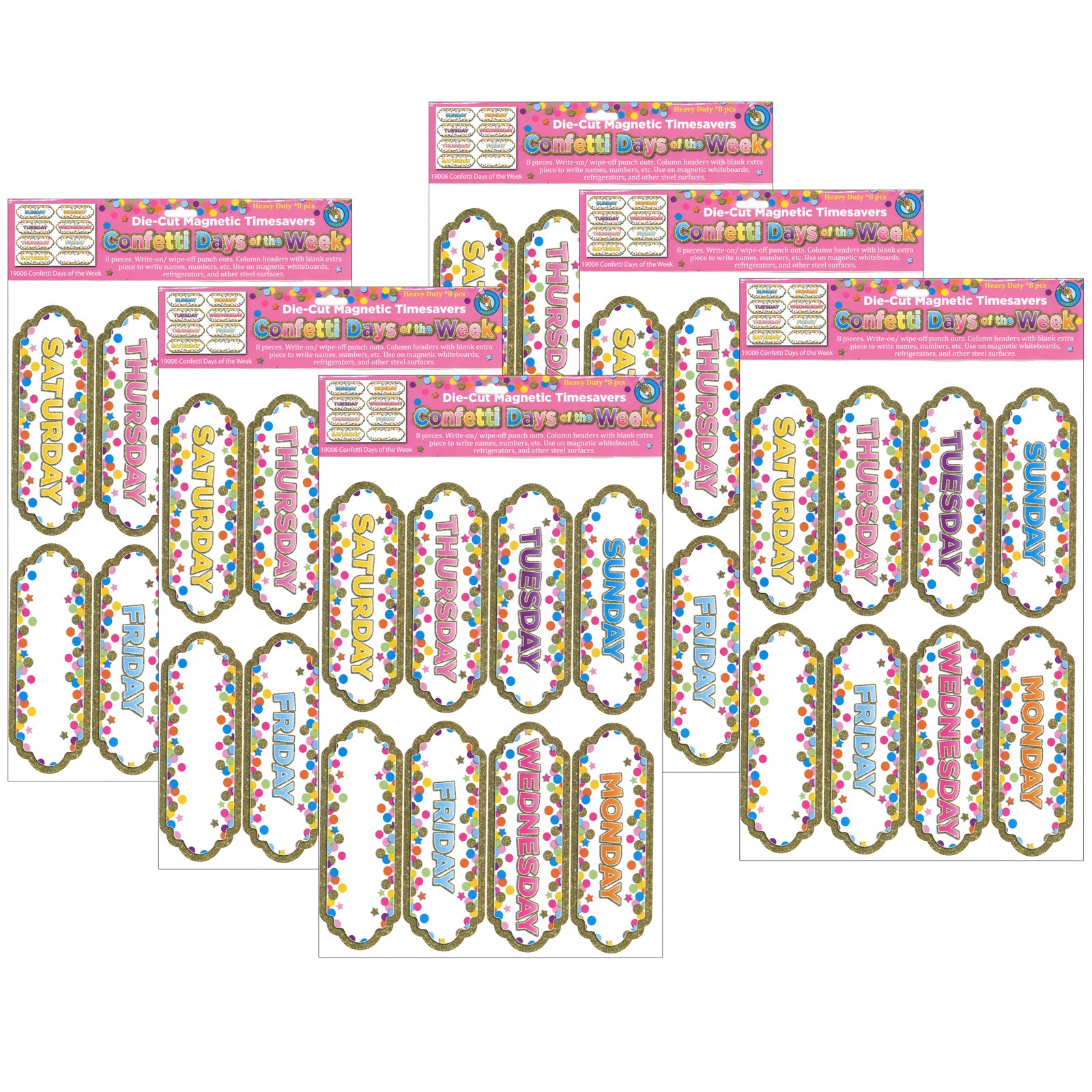 Magnetic Die-Cut Timesavers & Labels, Confetti Days of the Week, 8 Per Pack, 6 Packs