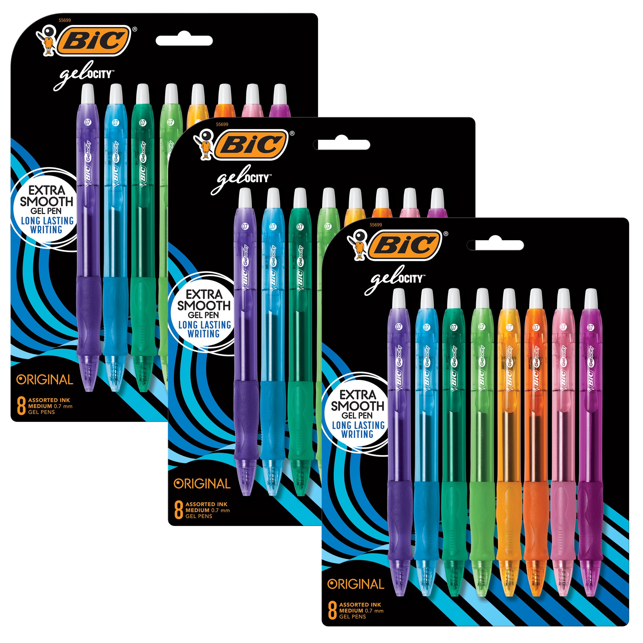 Gelocity Original Long Lasting Fashion Gel Pens, Medium Point (0.7mm) Assorted Ink, 8 Per Pack, 3 Packs