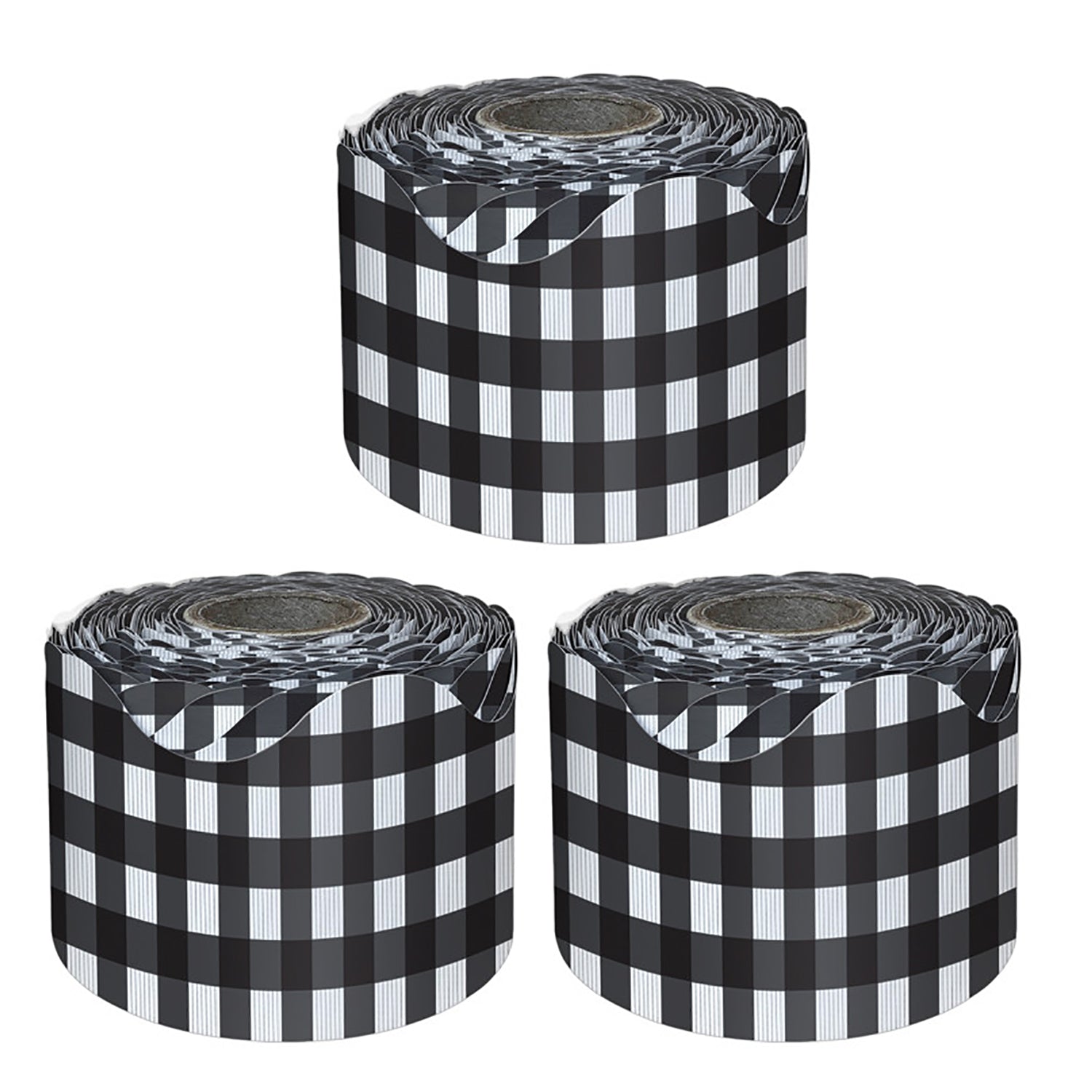 Black Gingham Rolled Scalloped Borders, 65 Feet Per Roll, Pack of 3