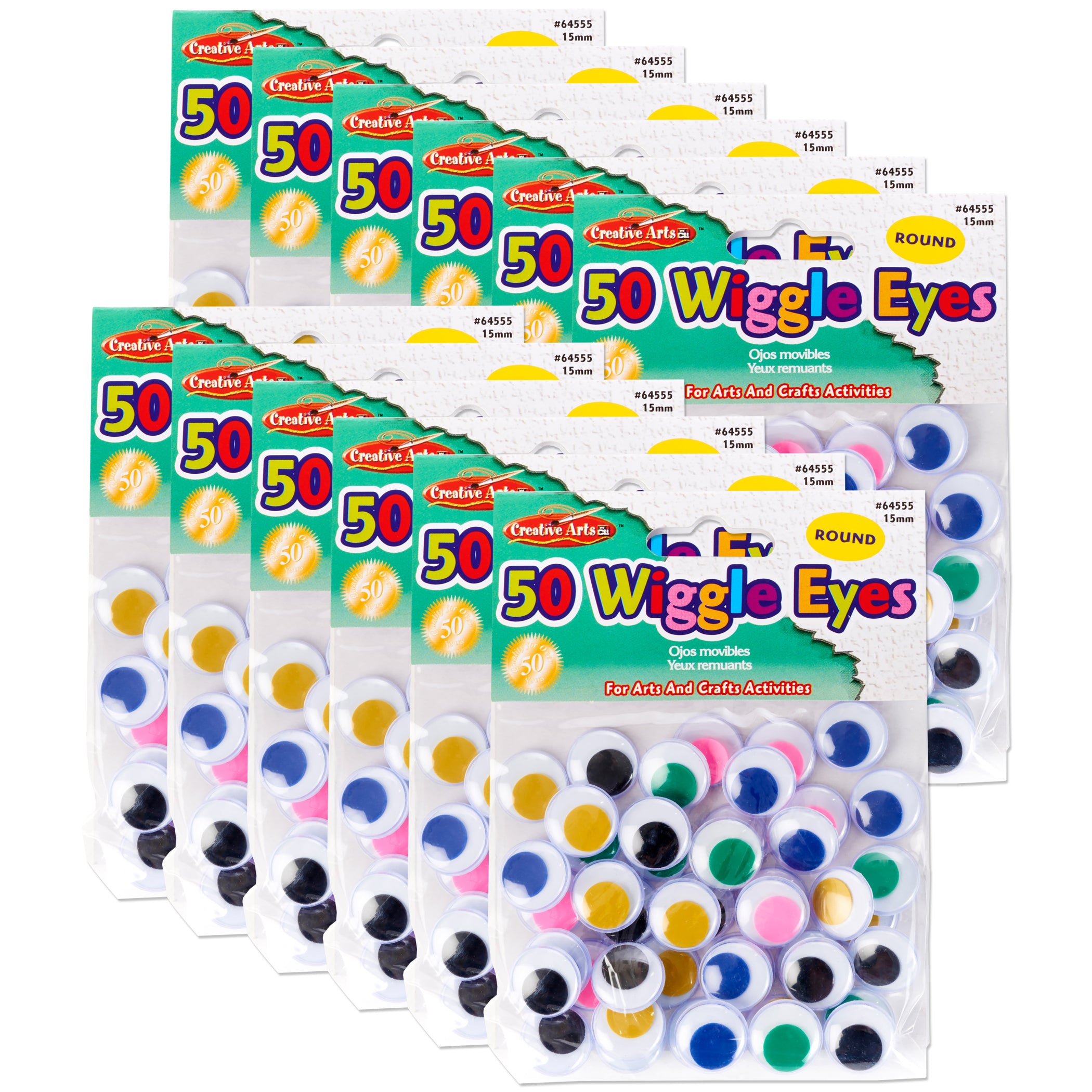 Round Wiggle Eyes, 15mm, Assorted, 50 Per Pack, 12 Packs