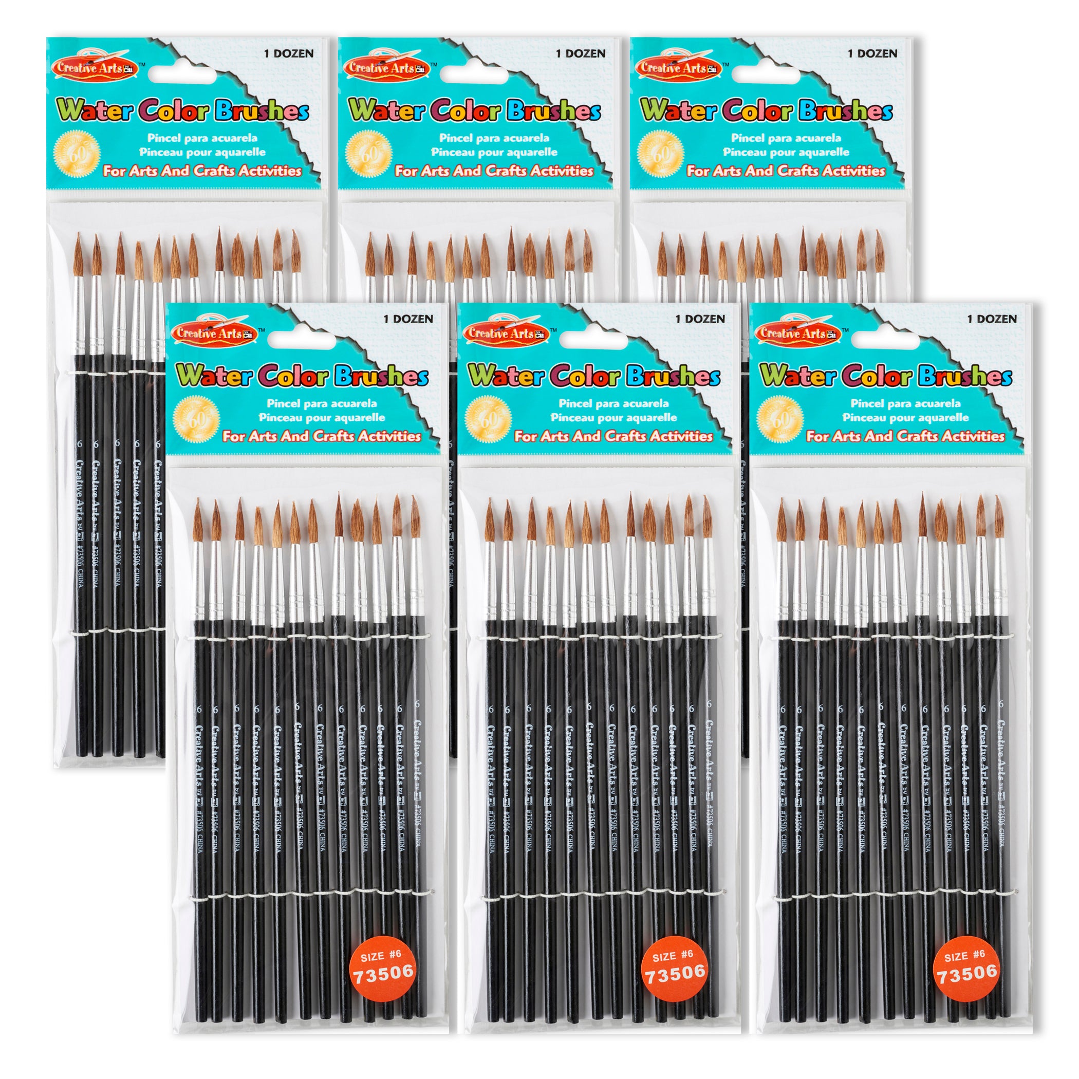 Water Color Paint Brushes with Round Pointed Tip, # 6, 11/16", Camel Hair, Black Handle, 12 Per Pack, 6 Packs - A1 School Supplies