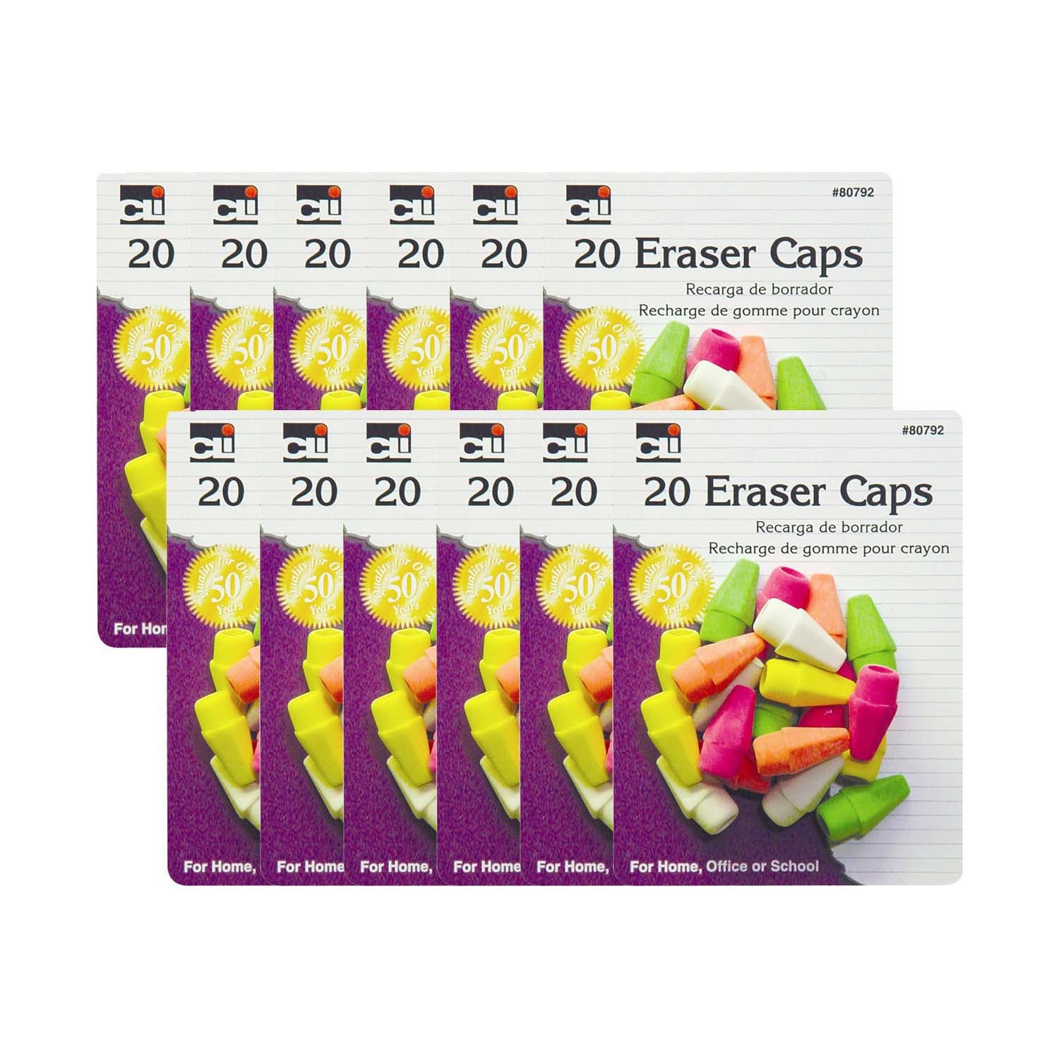 Pencil Eraser Caps, Assorted Neon Colors, 20 Per Pack, 12 Packs - A1 School Supplies