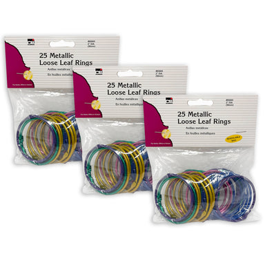 Loose Leaf Rings, 2" Diameter, Metallic Assorted Colors, 25 Per Pack, 3 Packs - A1 School Supplies