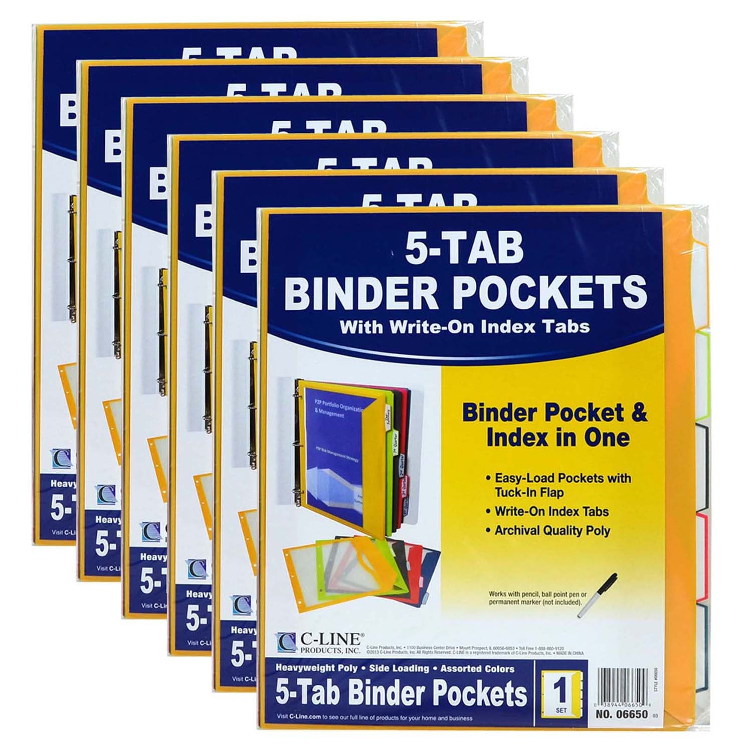 Super Heavyweight Poly Binder Pockets with Write-On Index Tabs, Assorted Colors, 8-1/2 x 11, 5 Per Set, 6 Sets - A1 School Supplies