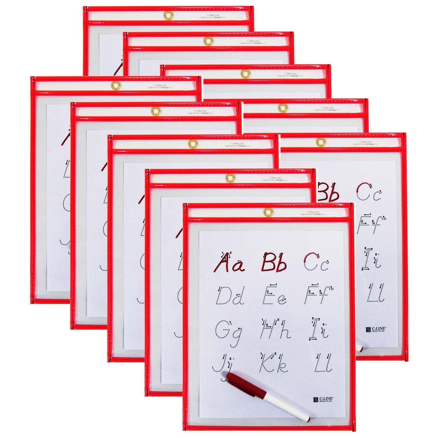 Reusable Dry Erase Pocket - Study Aid, Neon Red, 9" x 12", Pack of 10 - A1 School Supplies