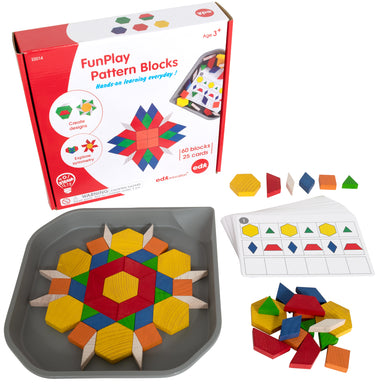 FunPlay Pattern Blocks - Set of 60 Wooden Math Manipulatives + 50 Activities + Messy Tray - A1 School Supplies