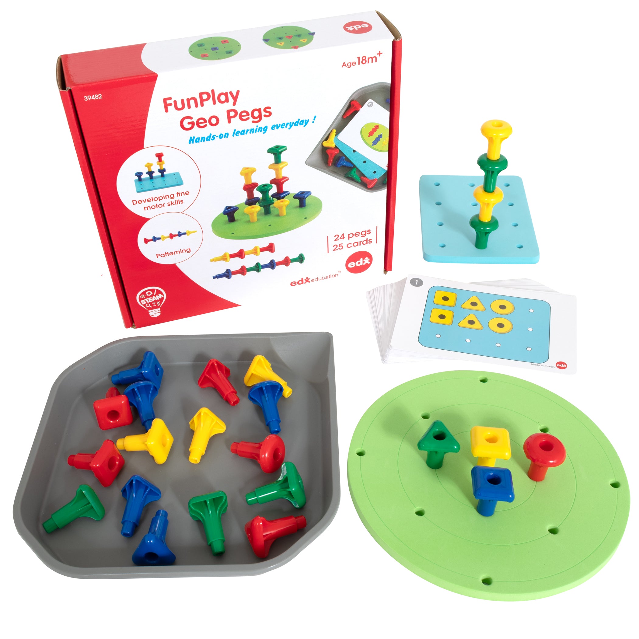 FunPlay Geo Pegs - 18m+ - 24 Plastic Pegs + 2 Pegboards + 50 Activities + Messy Tray - A1 School Supplies