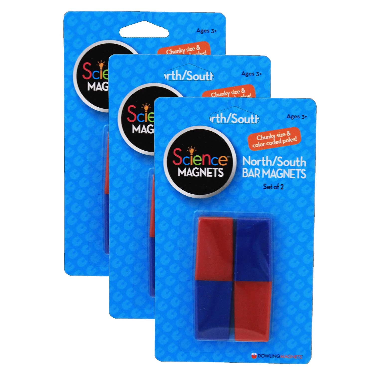 North/South Bar Magnets 3", Red/Blue Poles, 2 Per Pack, 3 Packs - A1 School Supplies