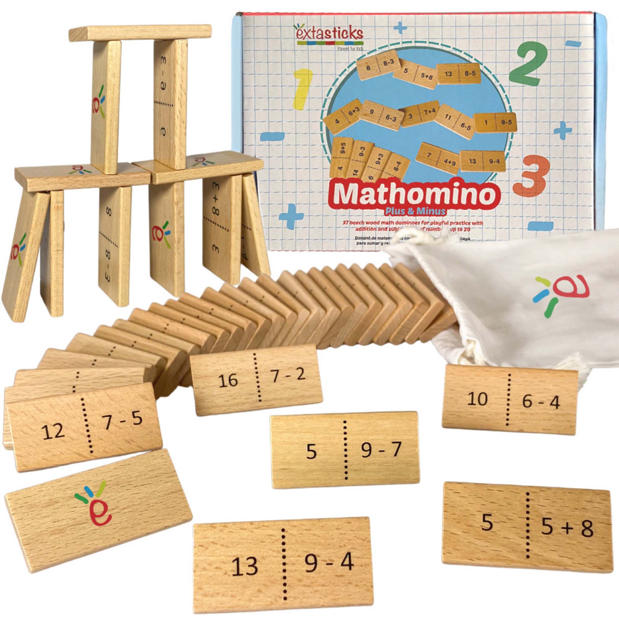 Mathomino Plus & Minus up to 20 Addition & Subtraction Wooden Math Domino Game - A1 School Supplies