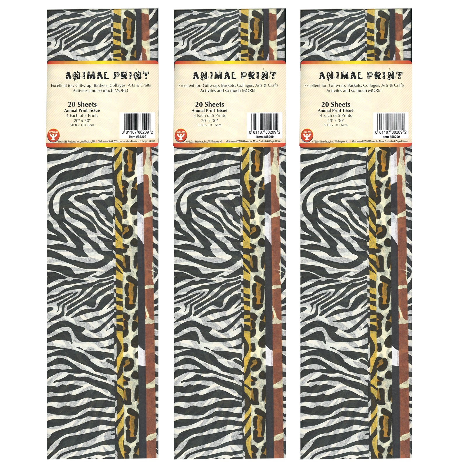 Tissue Paper, Animal Print Assortment, 20" x 30", 20 Sheets Per Pack, 3 Packs - A1 School Supplies