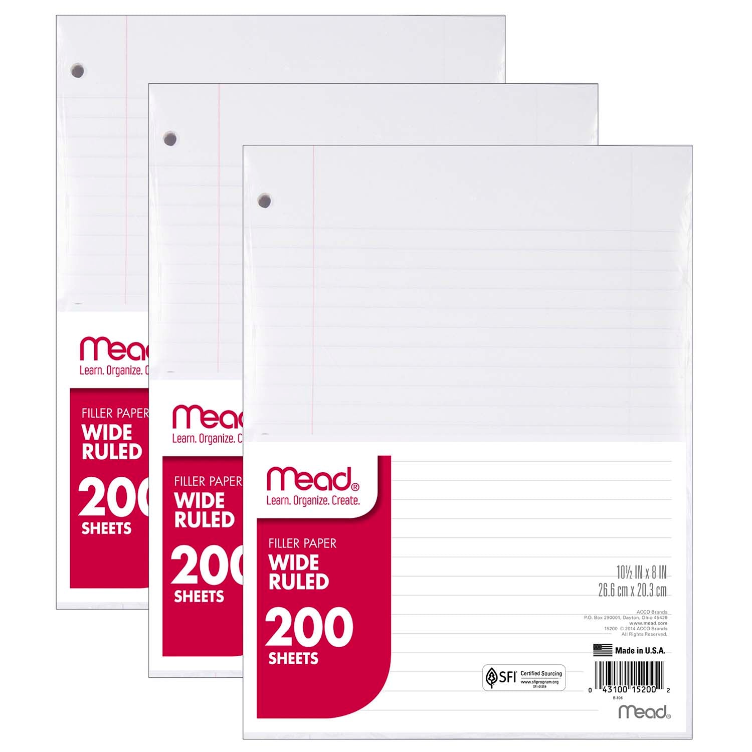 Notebook Filler Paper, Wide Ruled, 200 Sheets Per Pack, 3 Packs