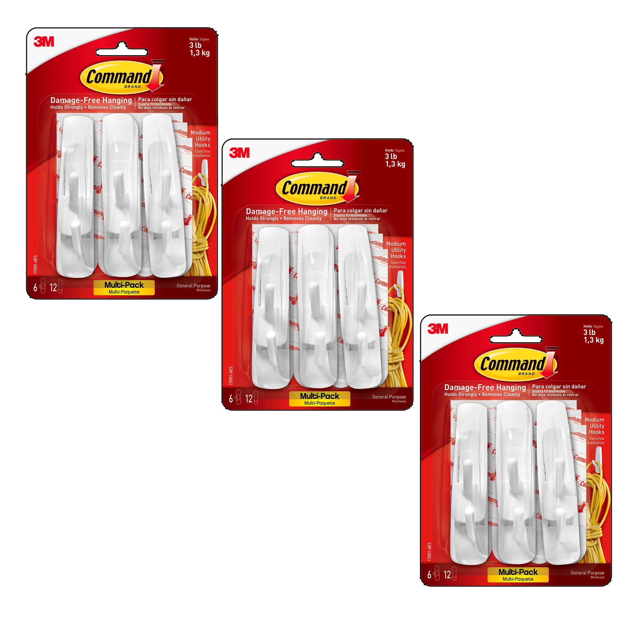 Command™ Medium Utility Hooks Multi-Pack, 6 Per Pack, 3 Packs - A1 School Supplies