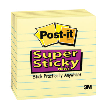 Super Sticky Notes, 4" x 4", Canary Yellow, Lined, 90 Sheets Per Pad, 6 Pads - A1 School Supplies