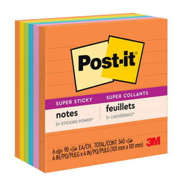 Super Sticky Notes, Energy Boost Collection, 4" x 4" Lined, 90 Sheets/Pad, 6 Pads - A1 School Supplies