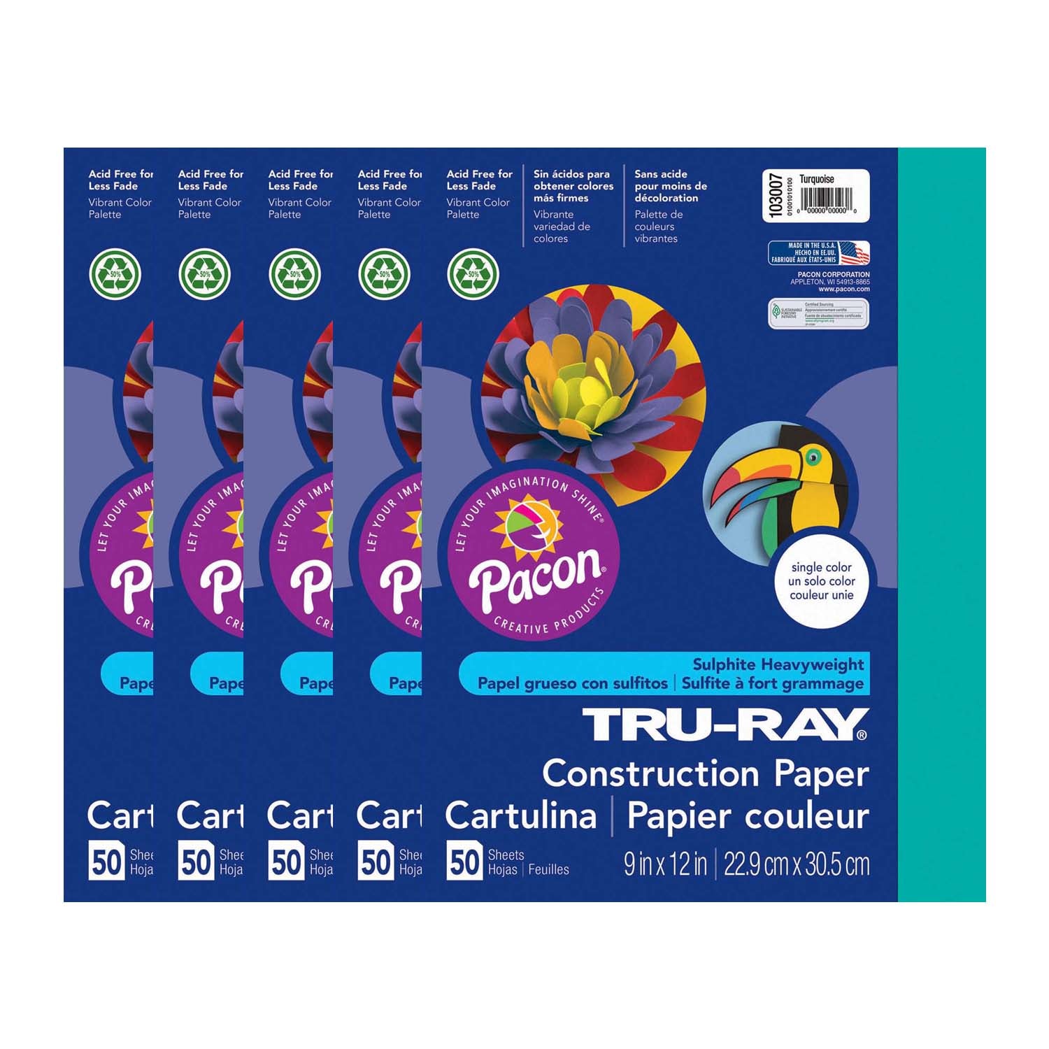 Construction Paper, Turquoise, 9" x 12", 50 Sheets Per Pack, 5 Packs