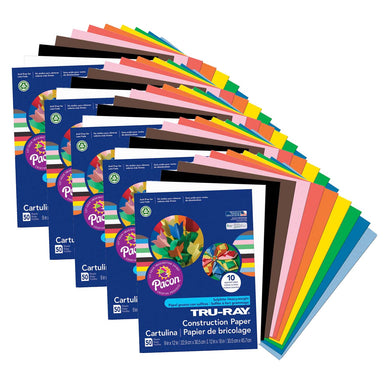 Construction Paper, Standard Assorted, 9" x 12", 50 Sheets Per Pack, 5 Packs - A1 School Supplies