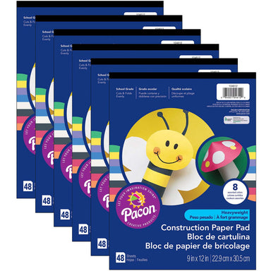 Heavyweight Construction Paper Pad, 8 Assorted Colors, 9" x 12", 48 Sheets Per Pack, 12 Packs - A1 School Supplies