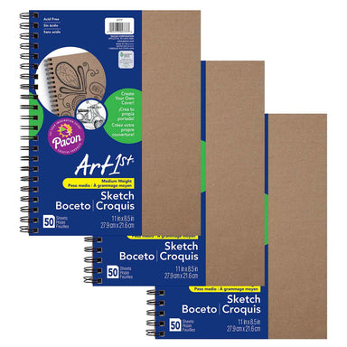 Create Your Own Cover Sketch Diary, Natural Chip Cover, 11" x 8-1/2", 50 Sheets, Pack of 3 - A1 School Supplies