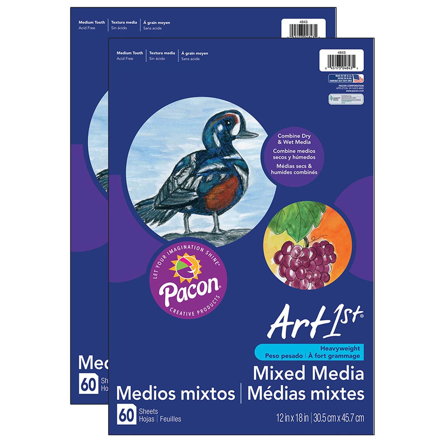 Mixed Media Art Paper, Heavyweight, 12" x 18", 60 Sheets Per Pack, 2 Packs