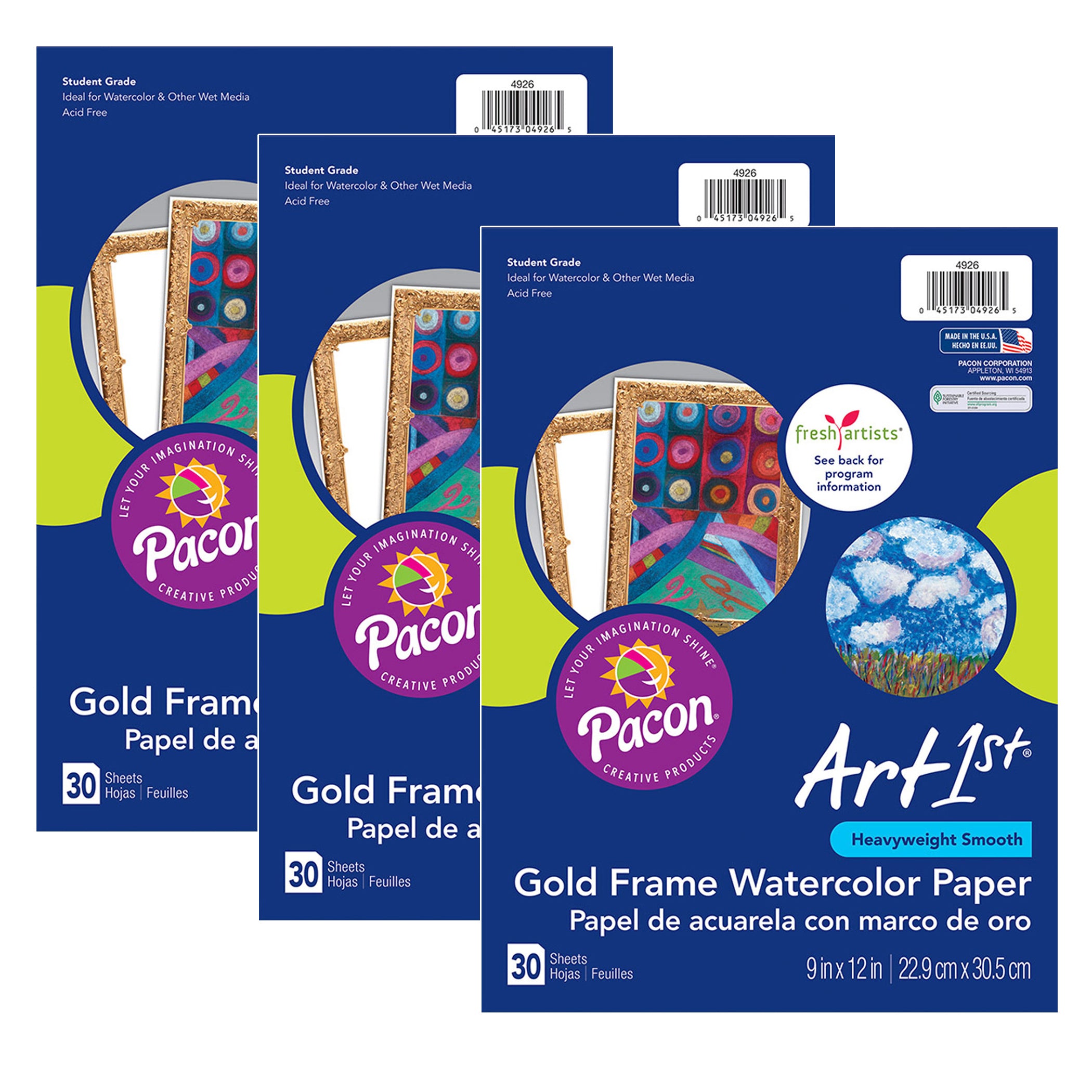 Watercolor Paper, Gold Frame, 9" x 12", 30 Sheets Per Pack, 3 Packs