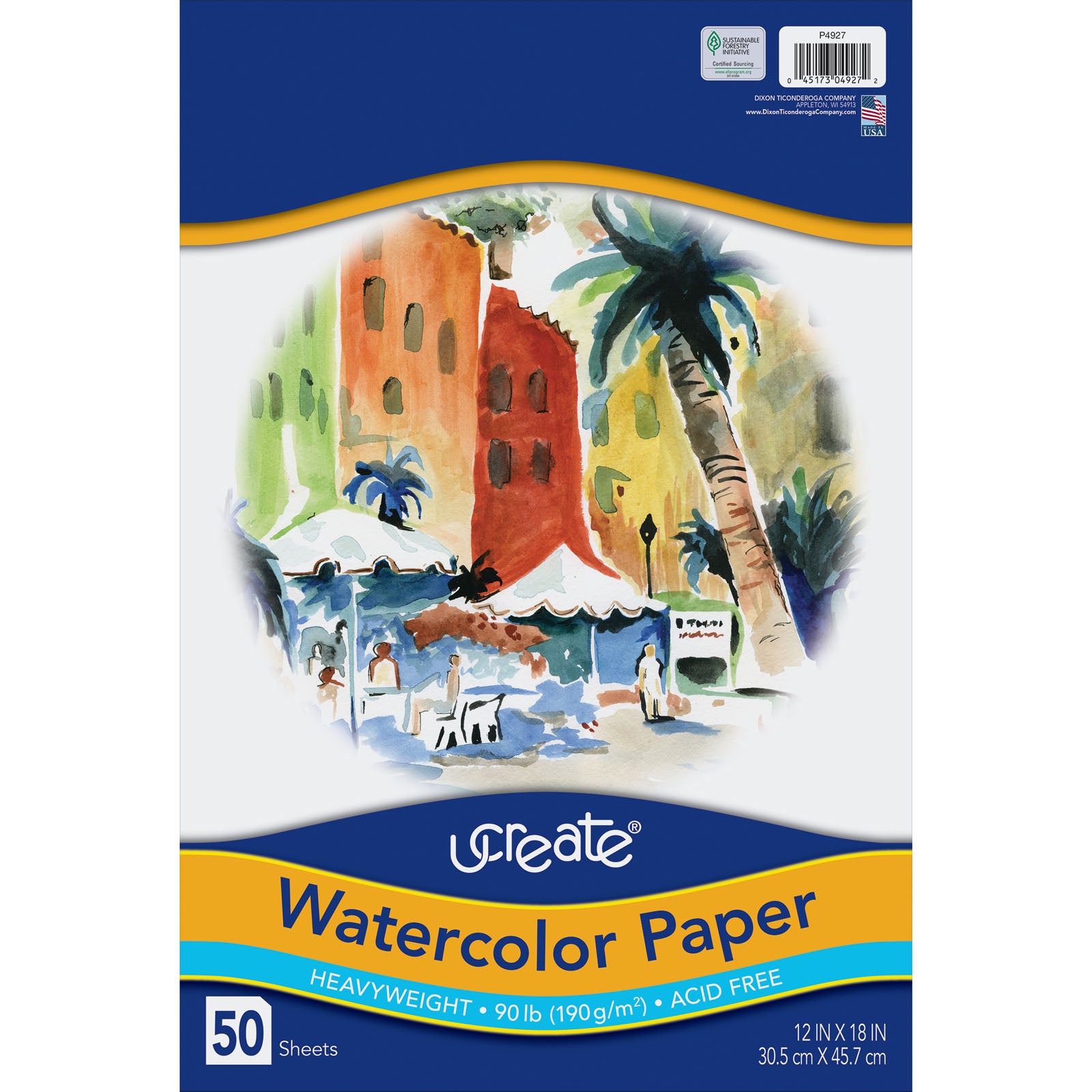 Watercolor Paper, White, 90lb., 12" x 18", 50 Sheets