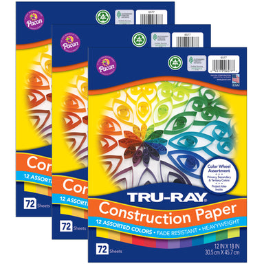 Color Wheel Assortment, 12 Vibrant Colors, 12" x 18", 72 Sheets Per Pack, 3 Packs - A1 School Supplies