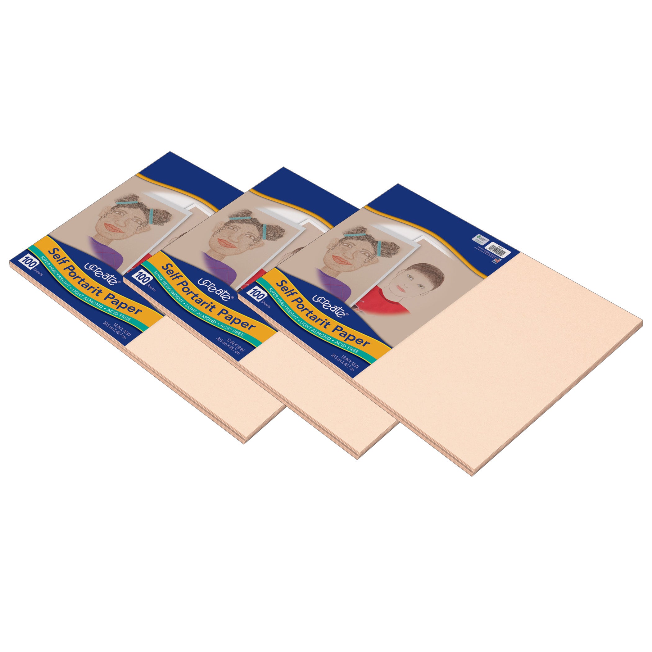 Self Portrait Paper, Light Almond, 12" x 18", 100 Sheets Per Pack, 3 Packs - A1 School Supplies