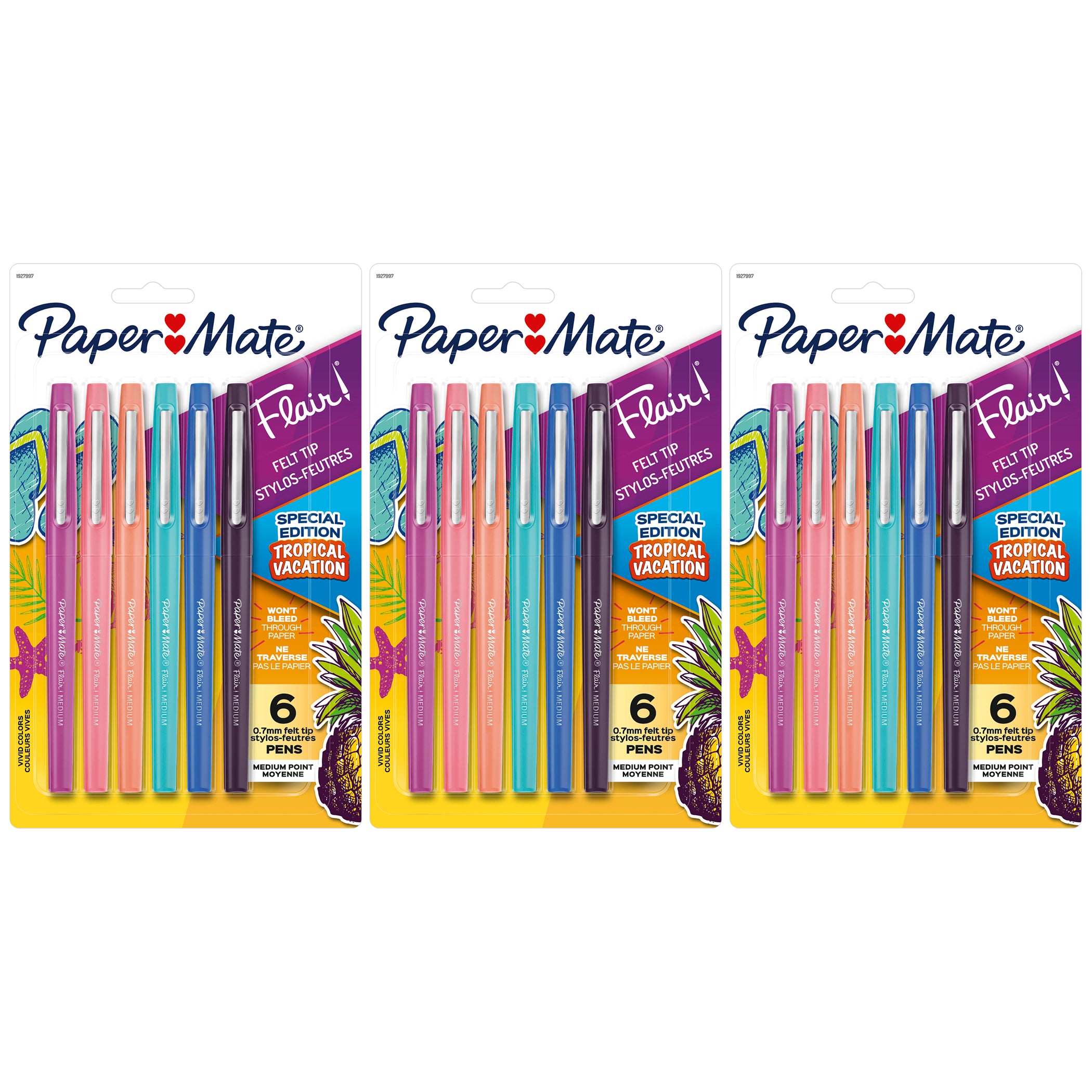 Flair Felt Tip Pens, Medium Point (0.7mm), Tropical Colors, 6 Per Pack, 3 Packs - A1 School Supplies