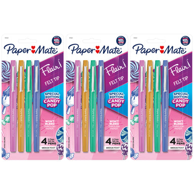 Flair Felt Tip Pens, Medium Point, Candy Pop Pack, 4 Per Pack, 3 Packs - A1 School Supplies