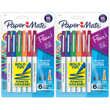 Flair Felt Tip Pens, Bold Tip (1.2 mm), Assorted Colors, 6 Per Pack, 2 Packs - A1 School Supplies