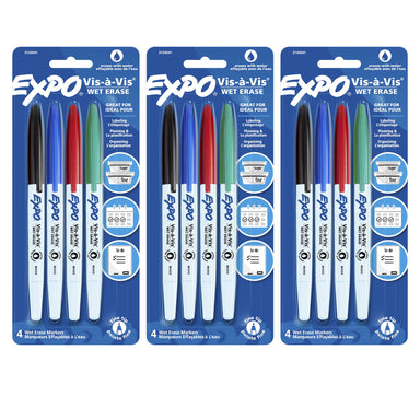 Vis-à-Vis Wet Erase Marker Set, Fine Tip, 4 Colors Per Pack, 3 Packs - A1 School Supplies