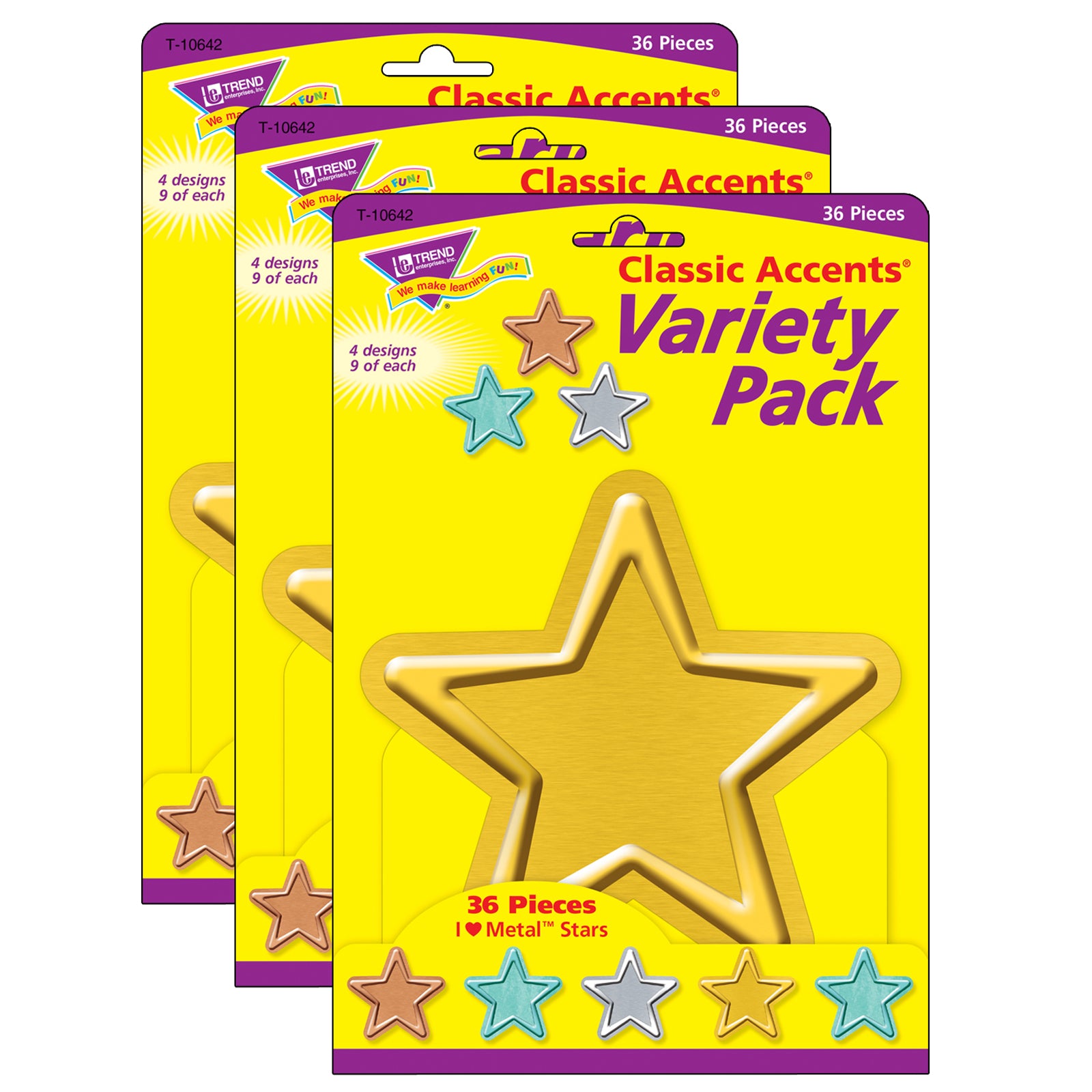 I ♥ Metal™ Stars Classic Accents® Variety Pack, 36 Per Pack, 3 Packs - A1 School Supplies