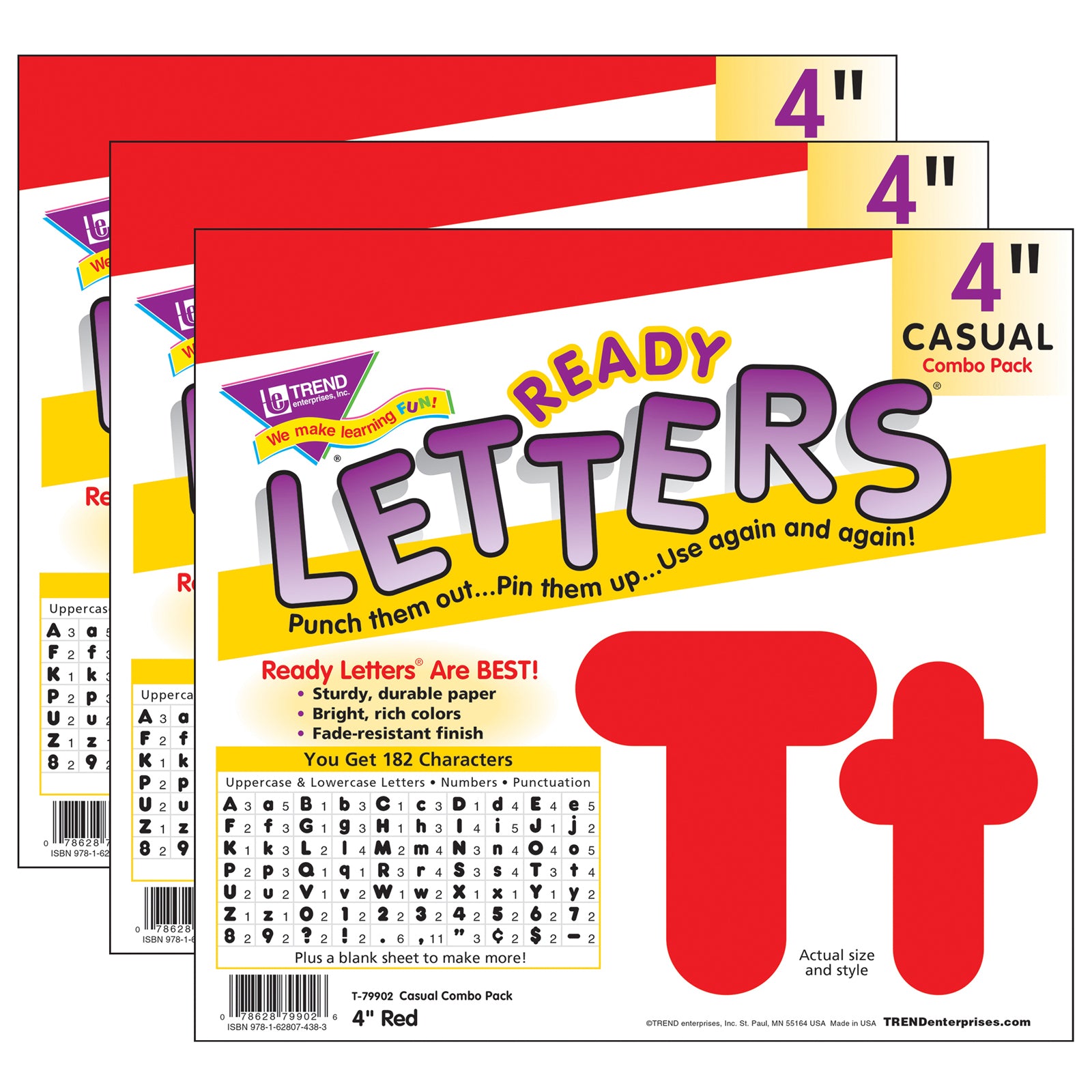 Red 4-Inch Casual Uppercase/Lowercase Combo Pack Ready Letters®, 182 Per Pack, 3 Packs