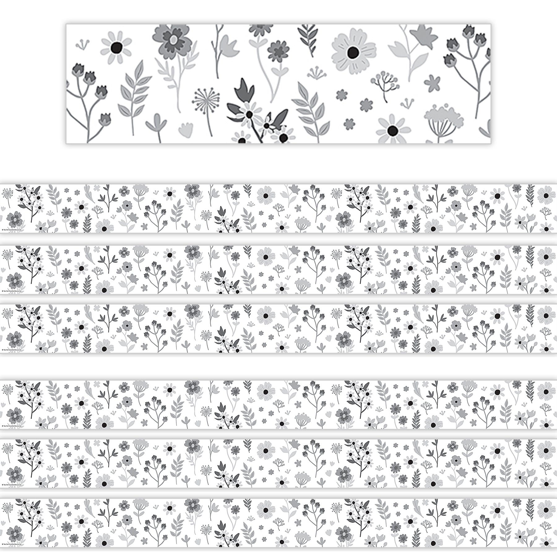 Black and White Floral Straight Border Trim, 35 Feet Per Pack, 6 Packs