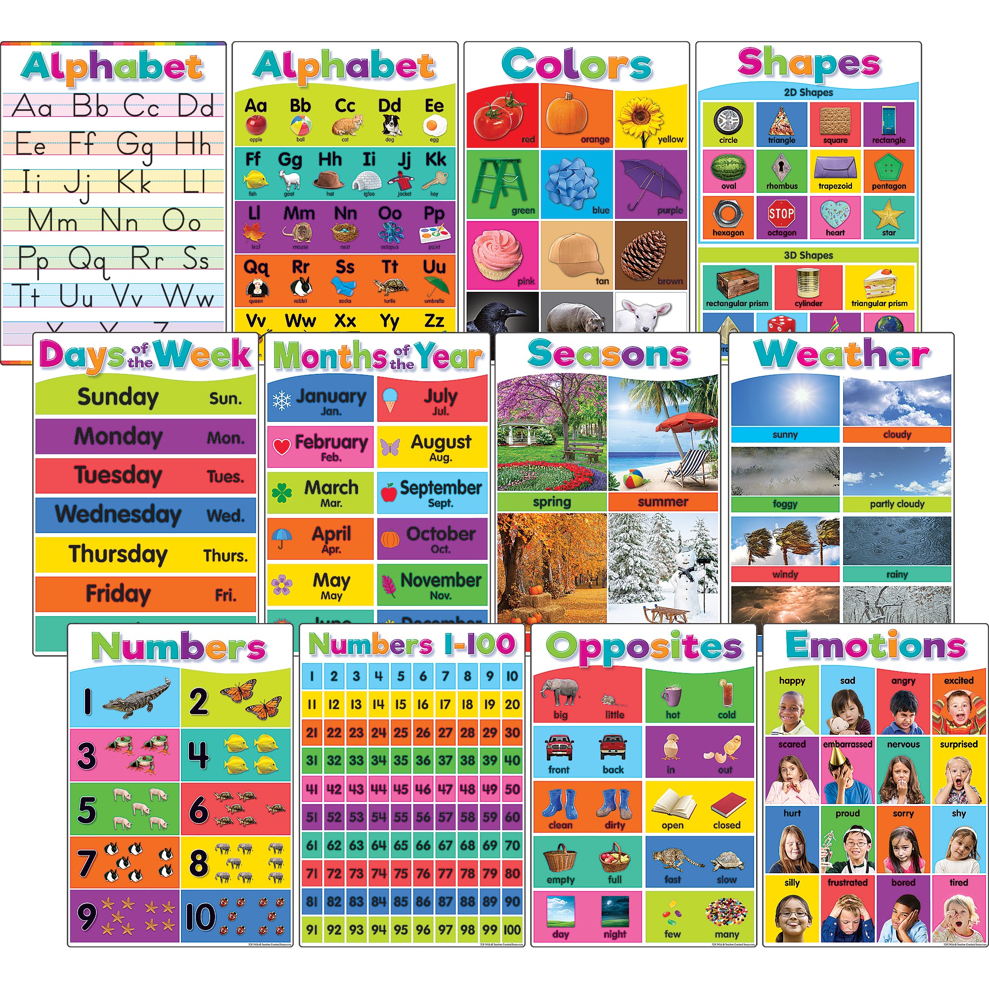 Colorful Early Learning Small Poster Pack, 12 Posters